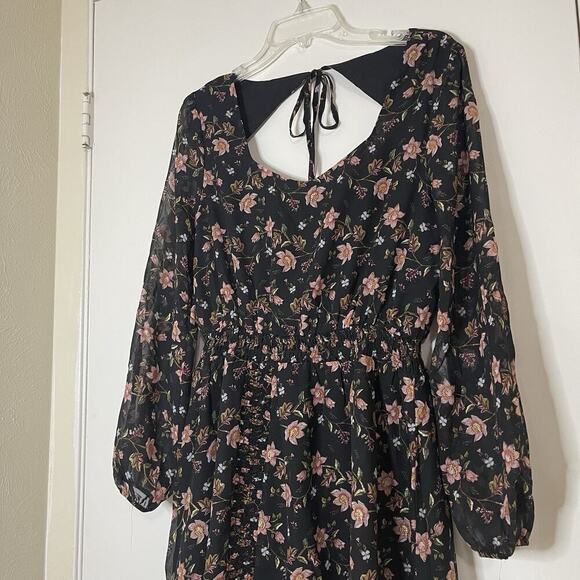 NEW! J.O.A. Black Floral Back Cut Out Smocked Waist Asymmetrical Dress Med - Picture 2 of 7